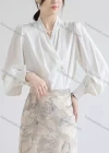Wholesale Women's Casual Bishop Sleeve Wrap V Neck Side Button Ruched Plain Blouse 430292# - Liuhuamall