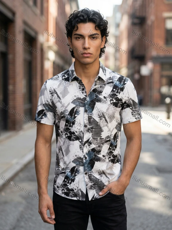 Wholesale 2026 New Men's Slim Fit Short Sleeve Printed Shirt | Abstract Leaf Pattern Casual - Formal Dress Shirt | Wholesale In St