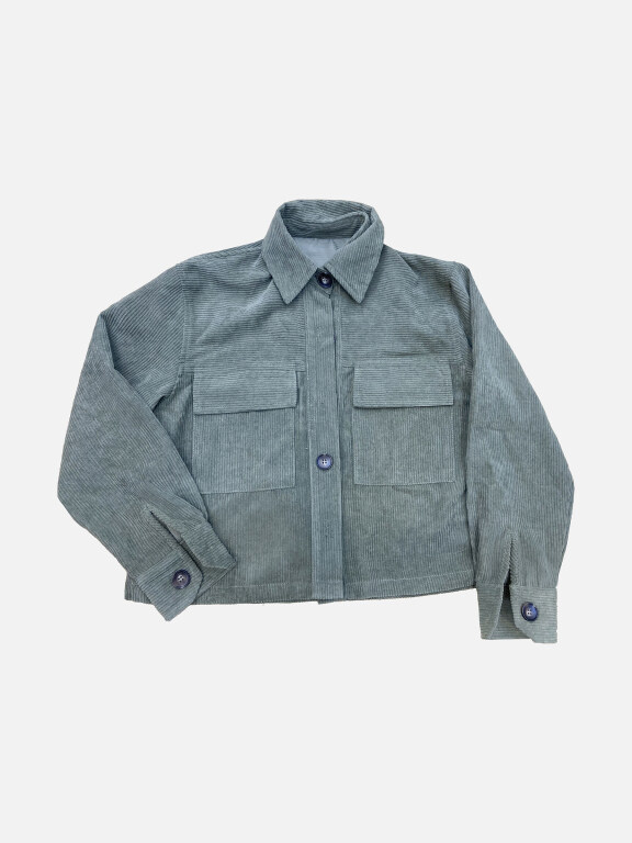 Women's Casual Flap Pockets Button Down Plain Collared Corduroy Overshirt, Clothing Wholesale Market -LIUHUA, 