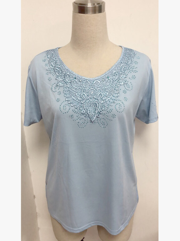Woman's Casual Round Neck Short Sleeve Embroidery Rhinestone Plain Tunic Top, Clothing Wholesale Market -LIUHUA, 