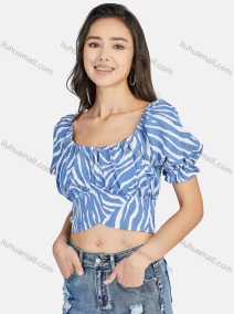 Wholesale Women's Casual Striped Bateau Neck Puff Sleeve Crossover Crop Blouse, LIUHUA CLOTHING WHOLESALE