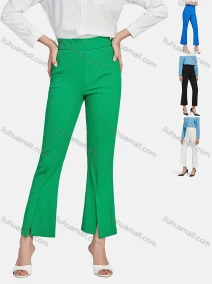Wholesale Women's Elegant Elastic Waist Pleated Loose Casual Split Front Flare Trouser, LIUHUA CLOTHING WHOLESALE