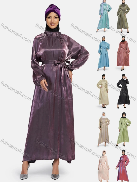 Wholesale Women's Muslim Islamic Elegant Mock Neck Lantern Sleeve Maxi Dress