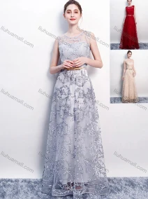 Wholesale Women's Elegant Mesh Splicing Appliques Round Neck Floor Length Evening Dress, LIUHUA CLOTHING WHOLESALE