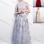 Wholesale Women's Elegant Mesh Splicing Appliques Round Neck Floor Length Evening Dress preview