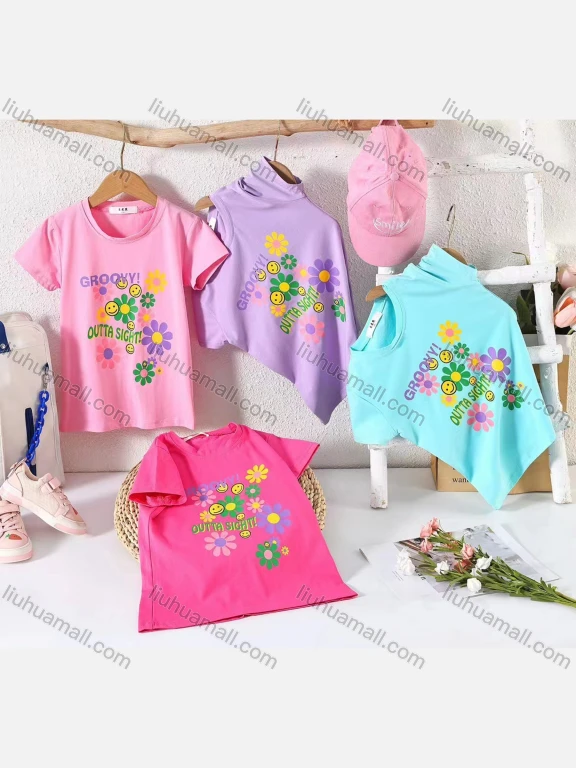 Wholesale Girl's Casual Cartoon Print 100% Cotton Round Neck Short Sleeve Tee