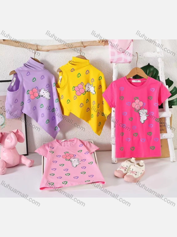 Wholesale Girl's Casual Cartoon Print 100% Cotton Round Neck Short Sleeve Tee