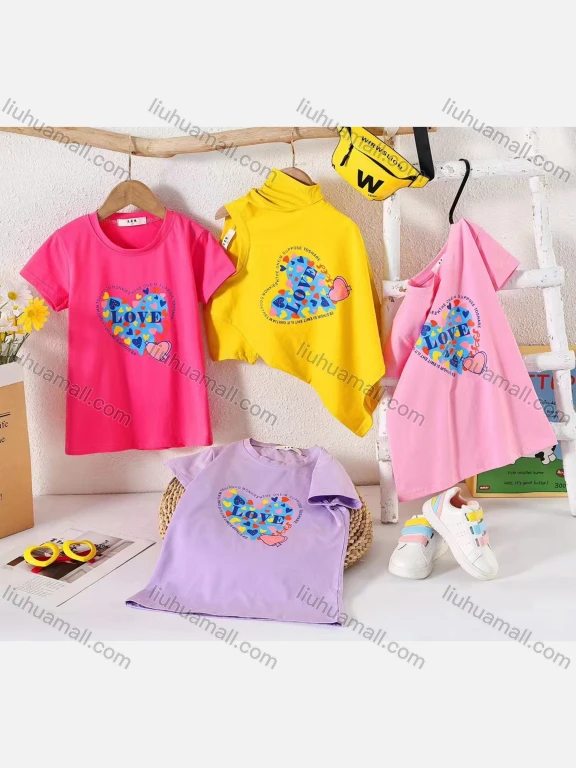 Wholesale Girl's Casual Heart Print 100% Cotton Round Neck Short Sleeve Tee