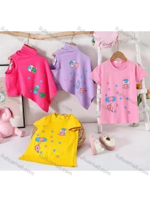 Wholesale Girl's Casual Cartoon Print 100% Cotton Round Neck Short Sleeve Tee, LIUHUA CLOTHING WHOLESALE