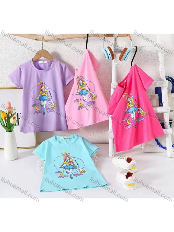 Wholesale Girl's Casual Cartoon Print 100% Cotton Round Neck Short Sleeve Tee