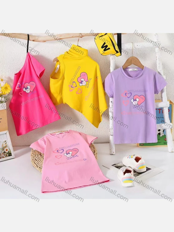 Wholesale Girl's Casual Cartoon Print 100% Cotton Round Neck Short Sleeve Tee