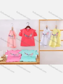 Wholesale Girl's Casual Floral Print 3D Flower Applique 100% Cotton Round Neck Ruffle Trim Cold Shoulder Short Sleeve Tee, LIUHUA CLOTHING WHOLESALE