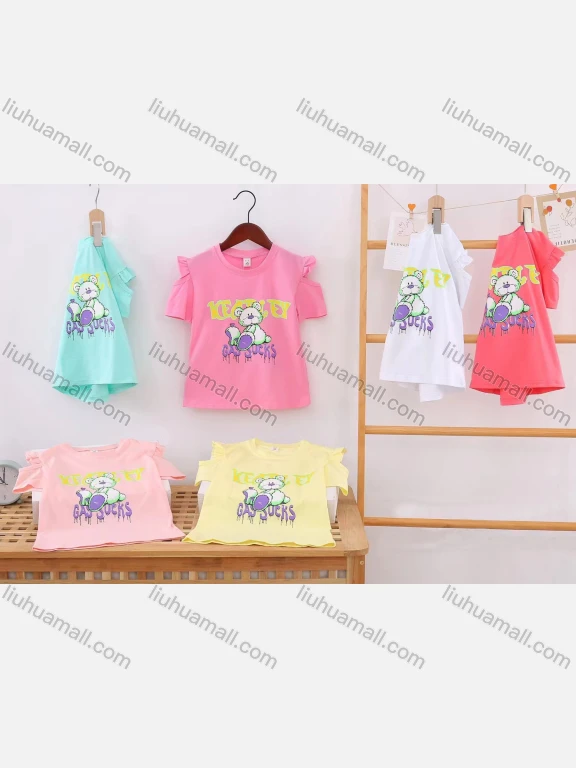 Wholesale Girl's Casual Cartoon Print 100% Cotton Round Neck Short Sleeve Tee
