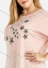 Wholesale Women's Cauasl Floral Rhinestone Jacquard Round Neck Curved Hem Short Sleeve T-shirt - Liuhuamall