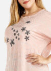 Wholesale Women's Cauasl Floral Rhinestone Jacquard Round Neck Curved Hem Short Sleeve T-shirt - Liuhuamall