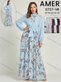 Wholesale Women's Chiffon Mock Neck Floral Print Two In One Maxi Dress With Belt 0737-1#, LIUHUA CLOTHING WHOLESALE