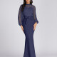 Women's Glamorous Mesh Sleeve Mock Neck Mermaid Maxi Evening Dress Dark Slate Blue Clothing Wholesale Market -LIUHUA