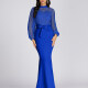 Women's Glamorous Mesh Sleeve Mock Neck Mermaid Maxi Evening Dress Blue Clothing Wholesale Market -LIUHUA