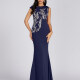 Women's Elegant Asymmetrical Neck Sequin Applique Mermaid Evening Dress 5061# Dark Slate Blue Clothing Wholesale Market -LIUHUA