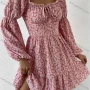 Wholesale Women's Casual Floral Print Square Neck Lace Up Long Sleeve Short Dress preview