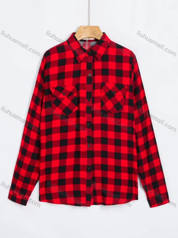 Wholesale Women's Gingham Collared Long Sleeve Button Down Dual Pockets Casual Shirt A3086#