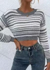 Wholesale Women's Drop Shoulder Striped Print Pullover Crop Sweater - Liuhuamall