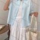 Wholesale Women's 2026 New Korean Style 100% Cotton Solid Color Open Front Shirt, Embroidered Short Sleeve Polo Collar Casual Blou Blue Clothing Wholesale Market Liuhua