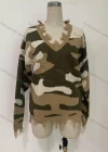 Wholesale Women's V Neck Frayed Raw Sleeve Camouflage Knit Sweater - Liuhuamall