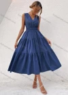 Wholesale Women's Casual Plain V Neck Ruched Lace Up Ruffle Hem Midi Tank Dress - Liuhuamall