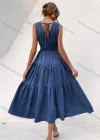 Wholesale Women's Casual Plain V Neck Ruched Lace Up Ruffle Hem Midi Tank Dress - Liuhuamall
