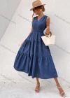 Wholesale Women's Casual Plain V Neck Ruched Lace Up Ruffle Hem Midi Tank Dress - Liuhuamall