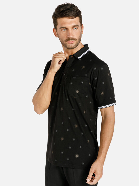 Men's Casual Allover Print Striped Trim Patch Pocket Short Sleeve Polo Shirt, Clothing Wholesale Market -LIUHUA, Men, Men-s-Tops, Men-s-Hoodies-Sweatshirts