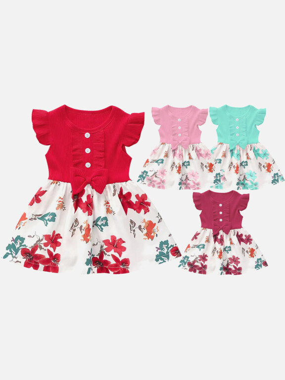 Girls Causal Crew Neck Ruffle Sleeve Button Decor Floral Print Dress, Clothing Wholesale Market -LIUHUA, Kids-Babies