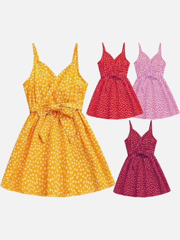 Girls Causal V Neck Sleeveless Dot Print Dress With Belt, Clothing Wholesale Market -LIUHUA, Kids-Babies