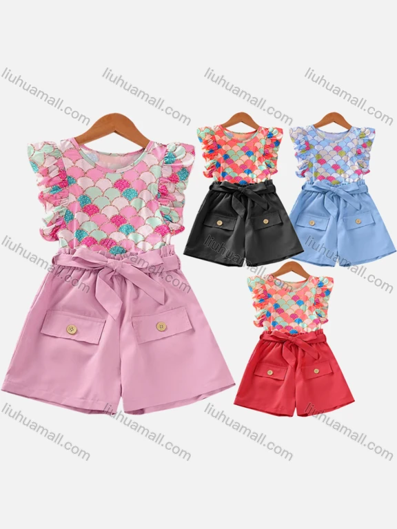 Wholesale Girls Casual Round Neck Ruffle Sleeve Allover Print Top & Shorts With Belt Sets