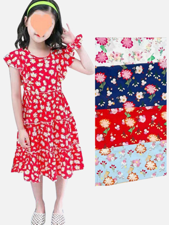 Girls Causal Crew Neck Ruffle Sleeve Floral Print Dress, Clothing Wholesale Market -LIUHUA, Kids-Babies