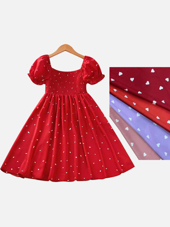 Girls Causal Square Neck Puff Sleeve Allover Print Dress, Clothing Wholesale Market -LIUHUA, Kids-Babies