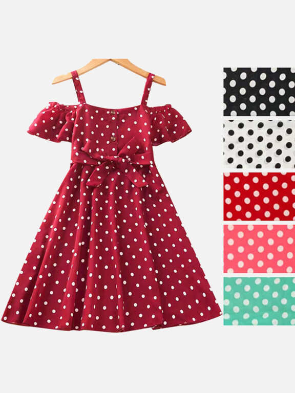 Girls Causal Cold Shoulder Ruffle Sleeve Dot Print Dress With Belt, Clothing Wholesale Market -LIUHUA, Kids-Babies