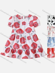 Wholesale Girls Causal Round Neck Puff Sleeve Ruffle Trim Allover Print Dress, LIUHUA CLOTHING WHOLESALE