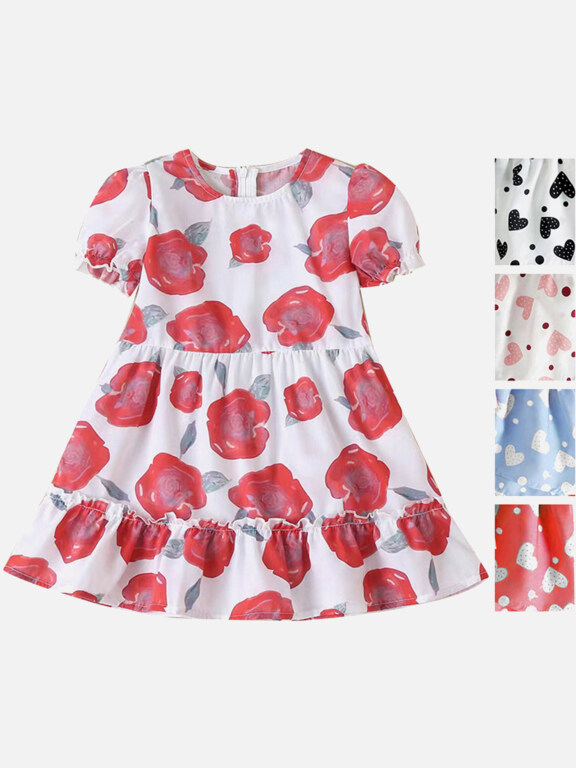 Girls Causal Round Neck Puff Sleeve Ruffle Trim Allover Print Dress, Clothing Wholesale Market -LIUHUA, Kids-Babies