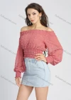 Wholesale Women's Chiffon Off Shoulder Plain Lantern Sleeve Shirred Swiss Dot Crop Blouse - Liuhuamall