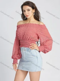 Wholesale Women's Chiffon Off Shoulder Plain Lantern Sleeve Shirred Swiss Dot Crop Blouse, LIUHUA CLOTHING WHOLESALE