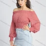 Wholesale Women's Chiffon Off Shoulder Plain Lantern Sleeve Shirred Swiss Dot Crop Blouse preview