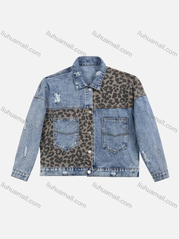 Wholesale Women's Autumn Leopard Pattern Splicing Button Front Collared Ripped Patch Pocket Denim Jacket