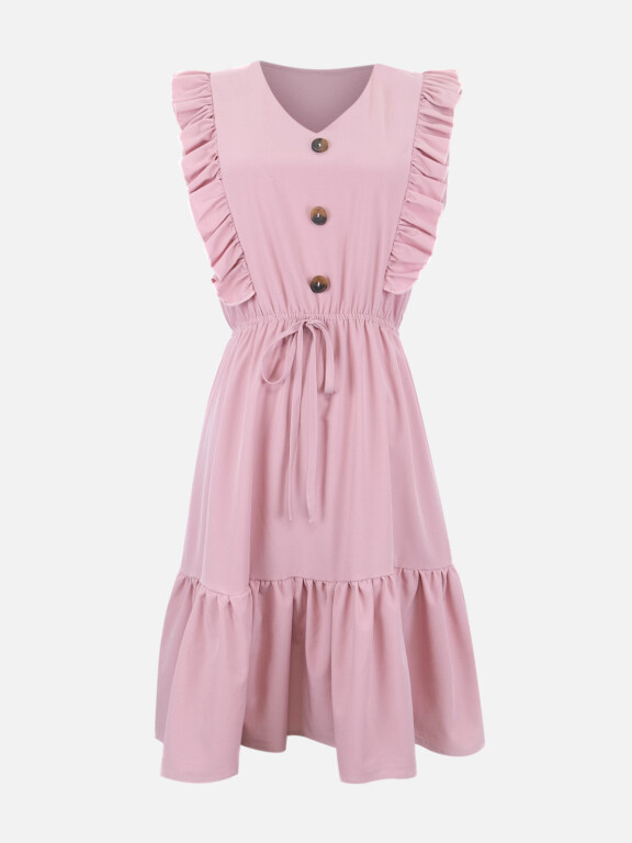 Women's Casual Plain V Neck Button Decor Ruffle Trim Hem Drawstring Tank Dress LS3008#, Clothing Wholesale Market -LIUHUA, 