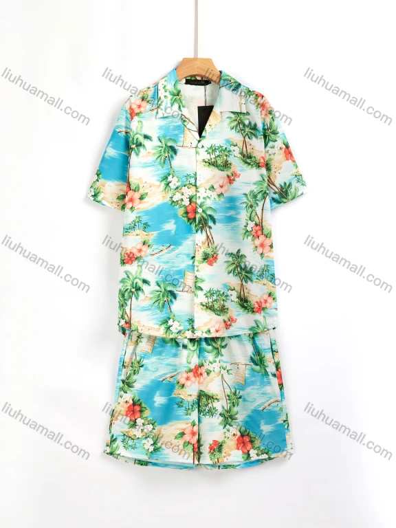 Wholesale Men's Vacation Allover Tropical Print Lapel Short Sleeve Button Down Shirt & Pockets Shorts 2-Piece Set