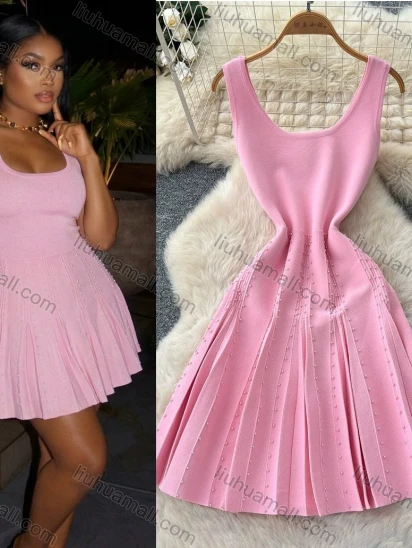 Wholesale Women's Party Sexy Sleeveless Beaded Pleated Mini Dress #DR6120