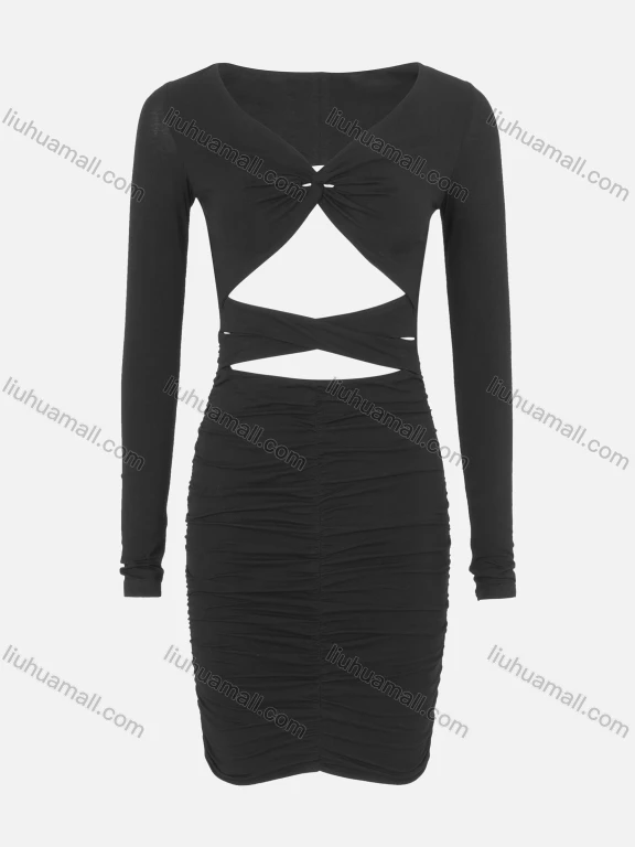Wholesale Women's Sexy Long Sleeve Twist Front Cutout Ruched Hem Bodycon Dress