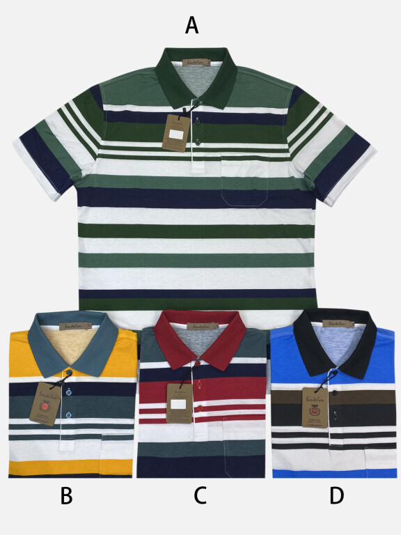 Men's Casual Short Sleeve Colorblock Striped Button Front Patch Pocket Polo Shirts, Clothing Wholesale Market -LIUHUA, Men, Men-s-Tops, Men-s-Hoodies-Sweatshirts