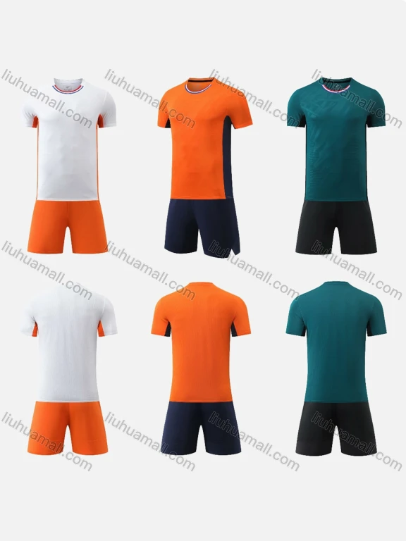 Wholesale Men's Athletic Workout Round Neck Plain Contrast Striped Trim Jersey T-Shirts & Sport Shorts F002#